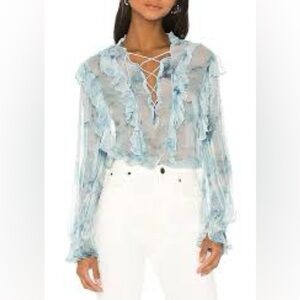 IRO Cruis Light Blue Chiffon Ruffle Blouse Lace-Up Sheer — Size US 2 / FR 34